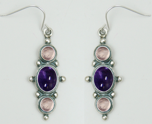 Sterling Silver Drop Dangle Earrings With Iolite And Rose Quartz